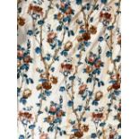 David Hall Collection - Pair of curtains with red roses on crawling branches with blue leaves on a
