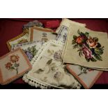 David Hall Collection - Pair of cushion covers, embroidered with roses, another pair with garden