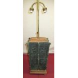 Large Chinese Archaic style verdigree cast metal table lamp with two downcurved branches on