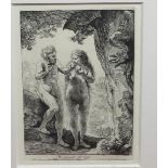 After Rembrandt: Adam & Eve beside the apple tree, monochrome etching, reprint, 16cm x 11cm