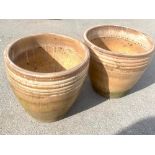 Pair of glazed terracotta garden planters, cylindrical bodies with ribbed band, D36cm H34cm (2)