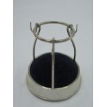 Geo.V hallmarked Sterling silver hat pin stand with ring hooks, and blue velvet cushion by William