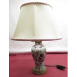 C20th table lamp, baluster body decorated in Famille enamels, gilt metal base and cream shade, H50cm