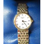 Ladies Rotary 9K Gold quartz wristwatch, 9ct gold case on integral tapering bracelet, clasp
