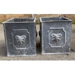 Pair of lead square garden planters, the sides relief decorated with rams heads, W26cm D26cm H30cm