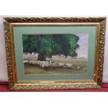 A. Parkin (British Contemporary): Flock of sheep under an oak tree, cathedral beyond, oil on