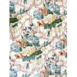 David Hall Collection - Pair of curtains with green, peach and blue floral pattern on a cream