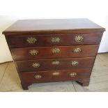 Small Geo. III oak chest with moulded top above four long drawers with brass handles, on shaped