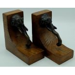 Pair of C20th oak bookends with patinated spelter Ganesha elephants heads, H15cm (2)