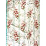 David Hall Collection - Pair of curtains with pink and green floral sprays on a striped mint green