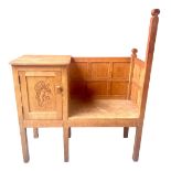 Yorkshire Oak - Telephone seat of panelled construction with adzed top and lion carved panel door on