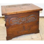 Art Nouveau walnut coal box, hinged lid and front carved with stylised tree, tin liner, W36cm