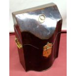 Geo. III mahogany serpentine knife box, with brass handles and lock, interior later fitted for