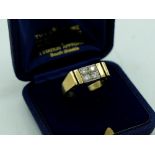 Hallmarked 18ct yellow gold Gents dress ring with four round cut diamonds to centre by S & D, 750,