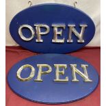 Two oval shop signs, silvered relief lettered OPEN on blue oval plaque, W59cm D36cm (2)