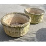 Pair of composition circular basketweave planters with owl trademark, D41cm H32cm (2)