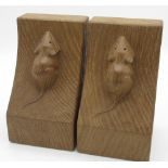 Robert Mouseman Thompson - Pair of oak bookends, adzed bases carved with signature mice, W8.5cm D9cm