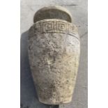Large carved stone olive jar, tapering cylindrical body with flared rim and Greek key band, H87cm