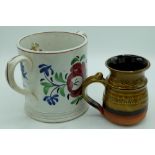 Victorian pottery loving cup, sponge decorated with naive flowers, interior with frog and two