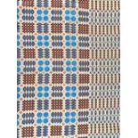 Hessian Middle Eastern throw with geometric blue, burgundy, orange and turquoise repeating pattern