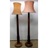 Pair of mahogany standard lamps, fluted lobed columns on octagonal arcade and flute carved