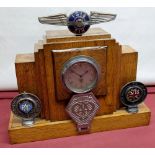 Of Motoring Interest - Art Deco oak mantel timepiece, Smiths car clock with silvered Arabic dial