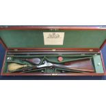 Mahogany cased John Manton & Son 14B percussion cap side by side shotgun, with 31" Damascus barrels,