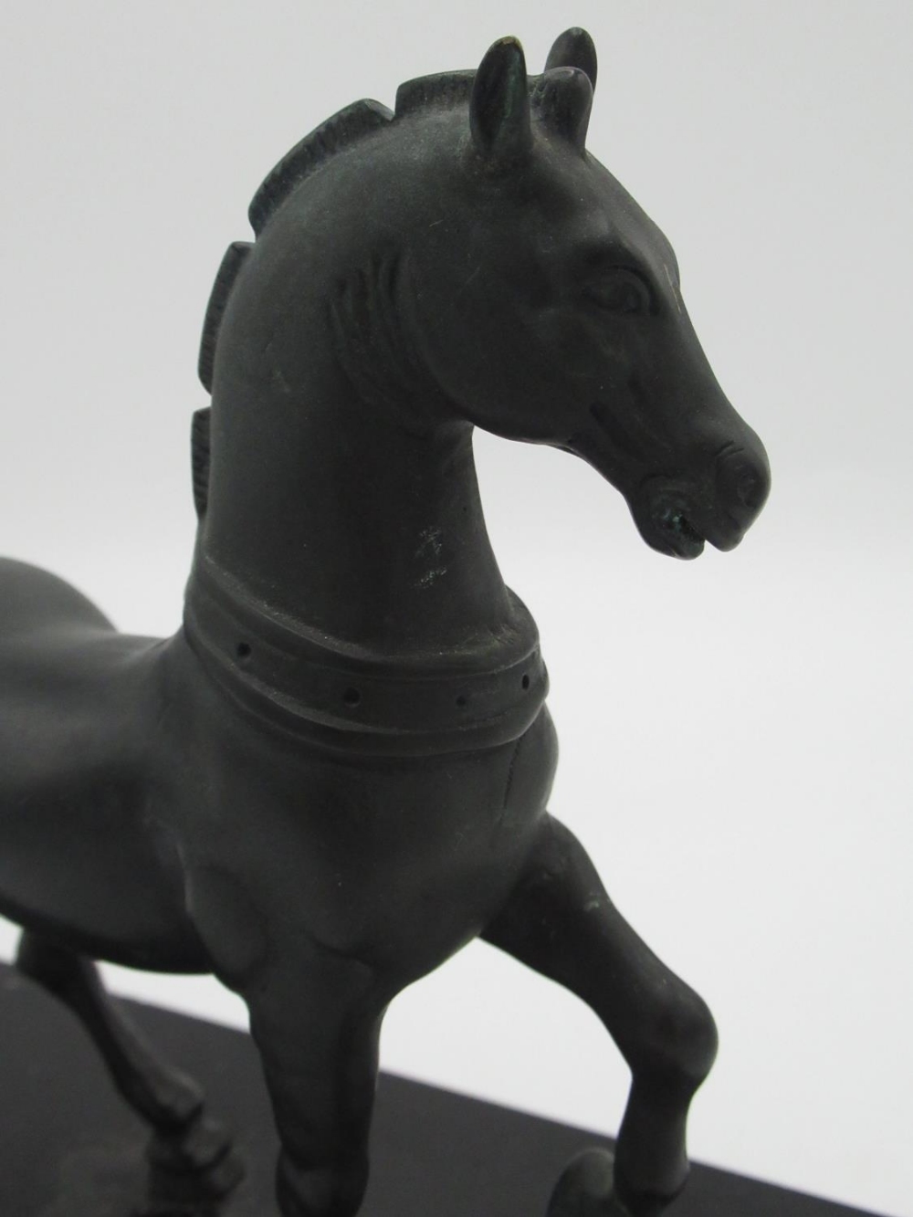 After the Antique, patinated bronze model of a Roman prancing horse, on polished rectangular base, - Image 2 of 2