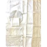 David Hall Collection - Cream damask table cloth with fringed edging, 8? x 6? and a collection of