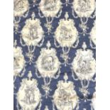 David Hall Collection - Pair of curtains with blue Toile de Jouy motifs, musical bars of ribbon on a