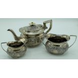 Edw.VII hallmarked silver three-piece Batchelors tea service, ovoid bodies repoussé with scrolls, by