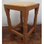 Sid Pollard of Thirsk - Oak square stool, brass nail upholstered top on octagonal baluster