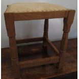 Sid Pollard of Thirsk - Oak square stool, brass nail upholstered top on octagonal baluster