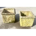 Pair of Willowstone composition square garden planters, decorated with animals and foliage, D36