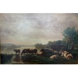 David Hall Collection - English School (C19th); Cattle watering at twilight, oil on canvas, 50cm x