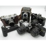 Selection of various cameras including Pentax ME Super, Sigma Mark I, Halina A1, Perriflex 2, Pentax