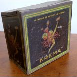 Krema le Meilleur Bonbon ou Beurre, lithographic tin decorated with clown balancing sweets by Jean