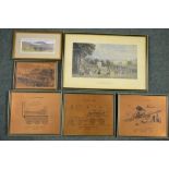 Six framed pictures including four etched copper plate of locomotors and railway scenes, one