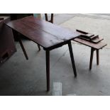 Quality vintage mahogany campaign table (L135cm W25cm H43cm) and two benches with fold away legs and