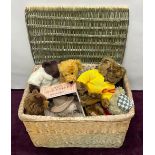 Wicker chest containing a large collection of teddy bears including one by Giorgio Beverly Hills