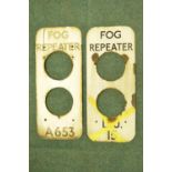 Two vintage enamel fog repeater panels, 61cm x 25.5cm (2)