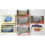 Four 1:76 Exclusive First Editions double decker buses, 1:50 Corgi Guy Arab bus, smaller Hamley's