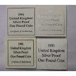 Four UK £1 silver proof coins including Northern Ireland 1991, England 1992, Scotland 1994 and Wales