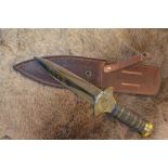 Large C. Bark USA dagger with brass hand guard, large brass bolster, leather and brass bound