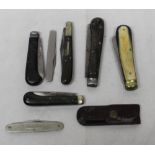 Eight pocket knives with various styles and materials, including G Butler bone handled pocket knife,