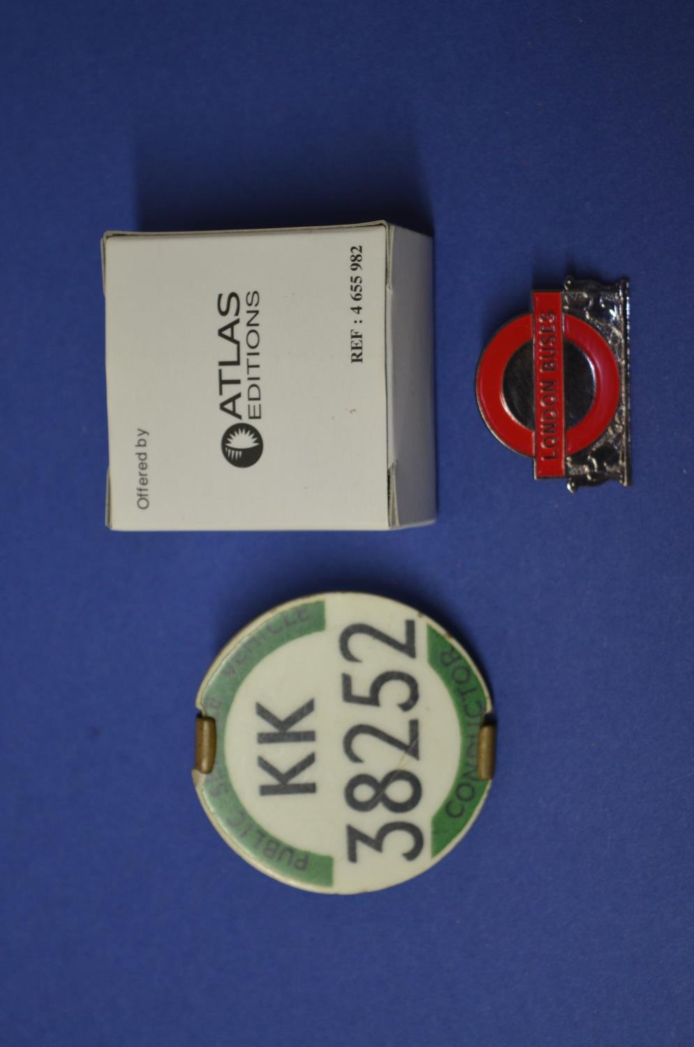 1960's PSV badge KK38252 conductors cap badge, Atlas Editions reproduction London Buses pin badge (