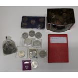 Selection of miscellaneous coinage to include tin of British copper and bronze content, small folder