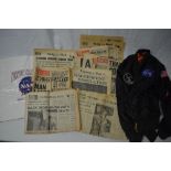 Collection of five complete original vintage newspapers and cuttings and loose pages concerning
