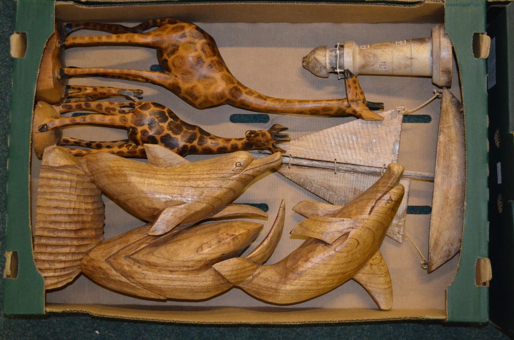 Four boxes of hand carved ornaments, mostly wooden, including a giraffe, dolphin, octopus etc., a - Image 4 of 5