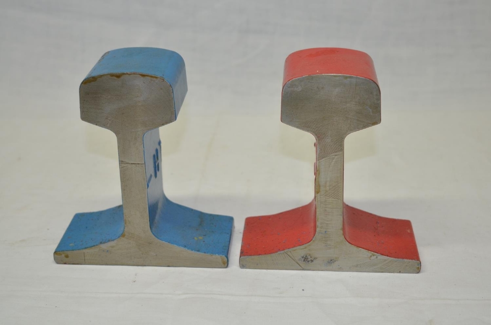 Pair of train rail cross section book ends heavy steel blue and red
